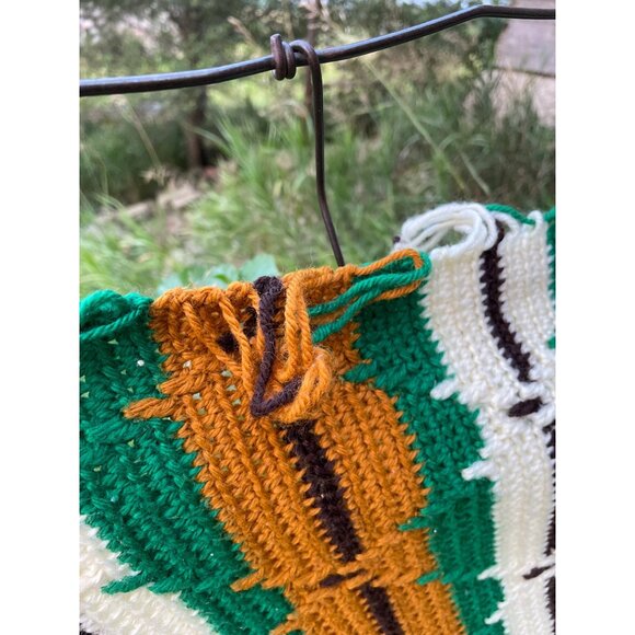 Vintage 1970s Crochet Afghan Blanket Green Brown & Cream Stripes  74x59 - Picture 11 of 14